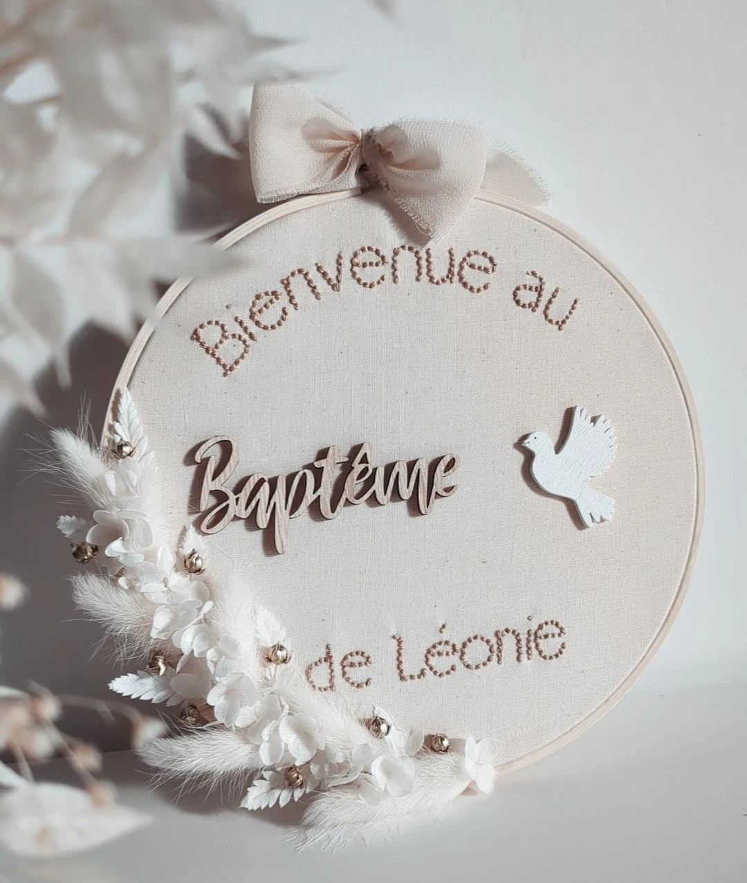 Tambour brodé "Bienvenue au baptême de "