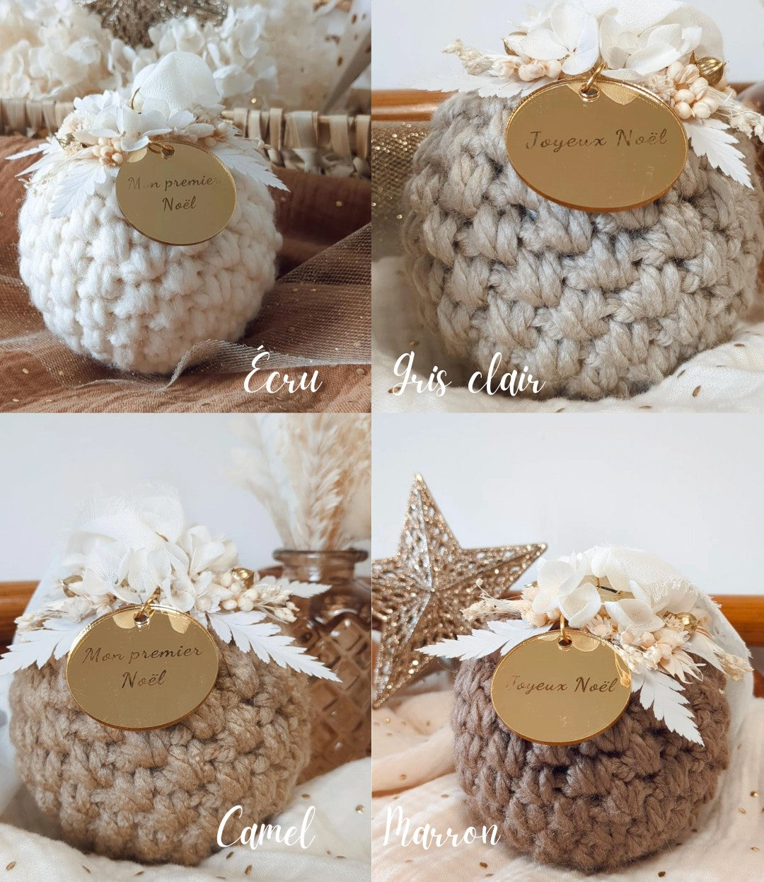 Boule de Noël au crochet et fleurs séchées • Boule de Noël de luxe • Boule de Noël Mon premier Noël