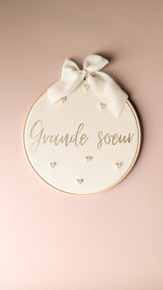 Tambour Grand frère/Grande soeur • Tambour peint et brodé pour annonce grossesse