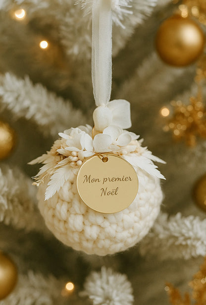 Boule de Noël au crochet et fleurs séchées • Boule de Noël de luxe • Boule de Noël Mon premier Noël